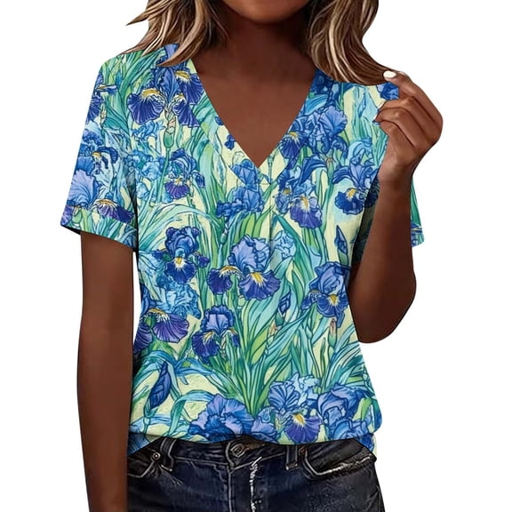 Oksale Women's Summer Hawaiian Shirts Loose Fit V Neck Tshirts Casual Beach Short Sleeve Tops Comfy Tropical Vacation Graphic Tees Sky Blue M