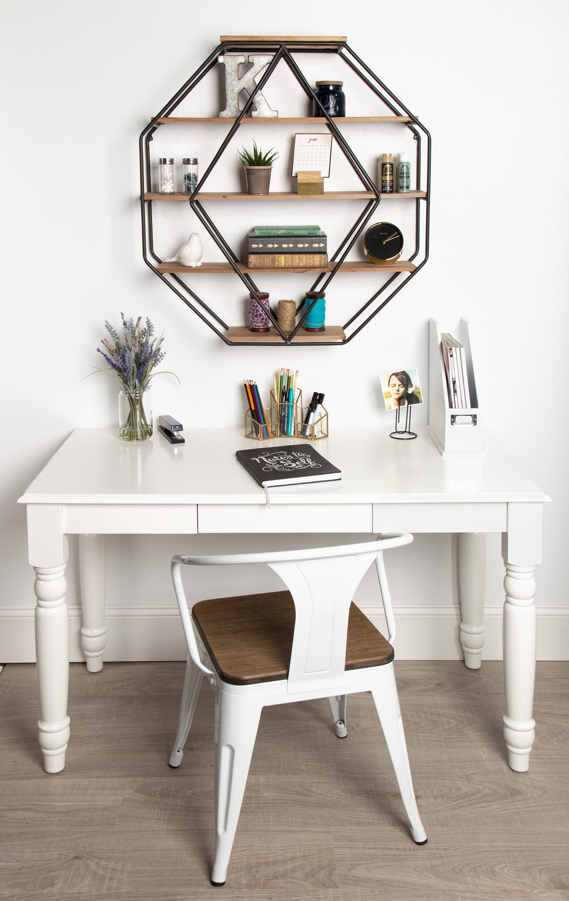 Kate and Laurel Lintz Large Octagon Shaped Floating Wood Book Shelves for Decorative Wall Display, Black Metal Frame with Rustic Brown Shelves