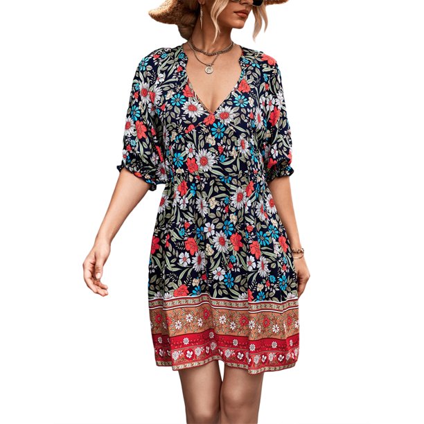 SAYOO - Vestido de manga corta con volantes para mujer, estampado de flores a la moda, cuello en V, cintura alta, vestido acampanado SAYOO Moda
