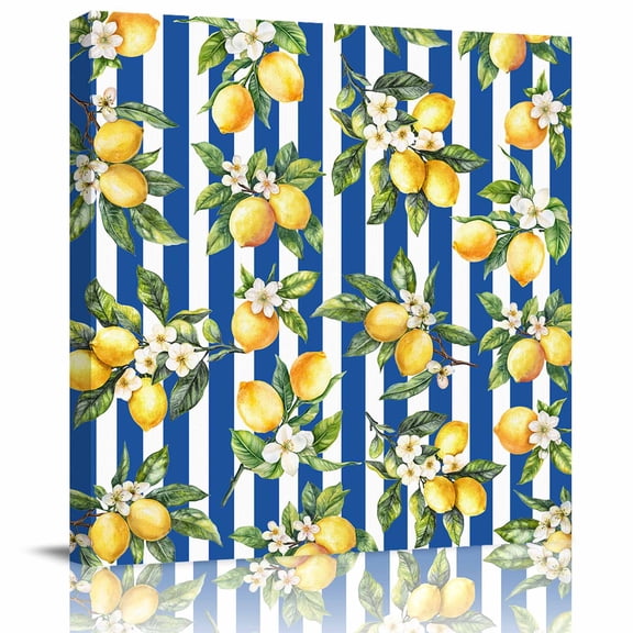 Framed Canvas Wall Art for Living Room Floral Lemon Wall Decor, Fruit Leaves Blue Stripes Aesthetic Paintings for Bedroom Office Kitchen Bathroom, Ready to Hang Artwork Wall Pictures 8x8 Inch