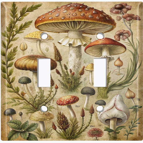 Metal Light Switch Wall Plate Outlet Cover (Printed Image of Rustic Mushrooms Cottagecore - Double Toggle)