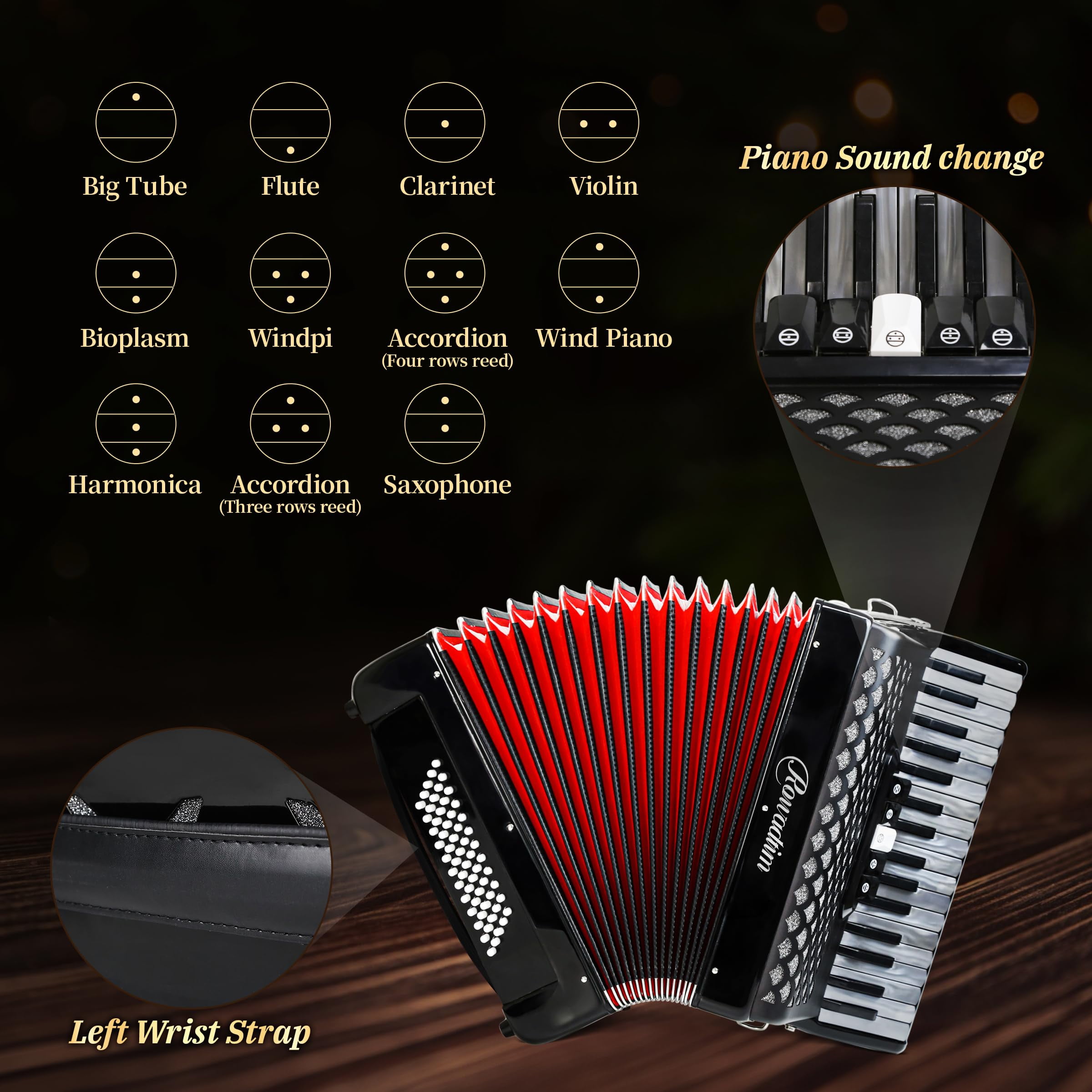 Accordion - 34 Key 60 Bass Piano Style, Lightweight & Portable with Adjustable Strap & Backpack, Perfect for Beginners, Students & Adults