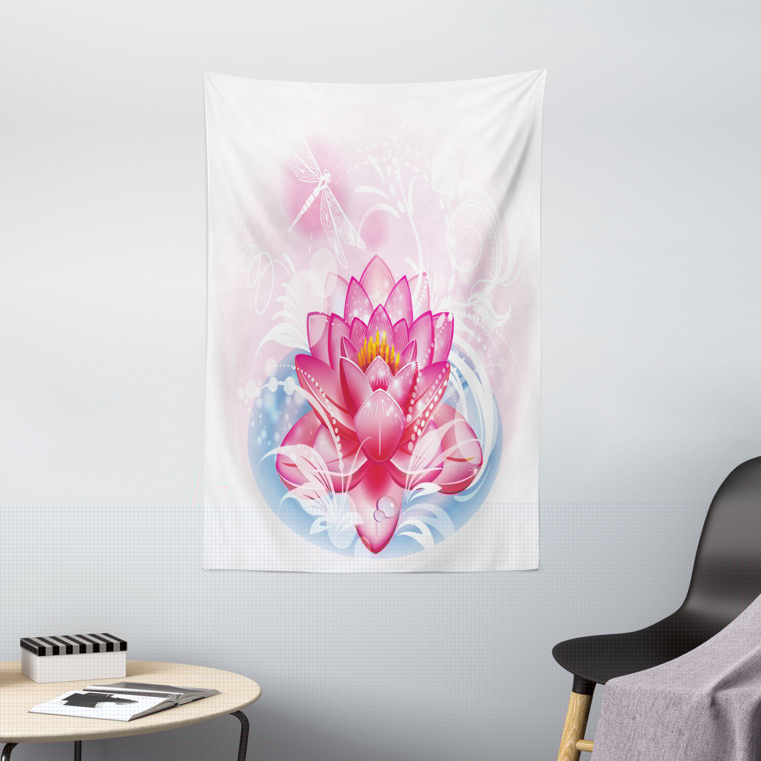 Flower Tapestry, Mandala Motif Orient Yoga Theme Lotus Flower Figure with Abstract Mantis and Dots Photo, Wall Hanging for Bedroom Living Room Dorm Decor, 40W X 60L Inches, Pink, by Ambesonne