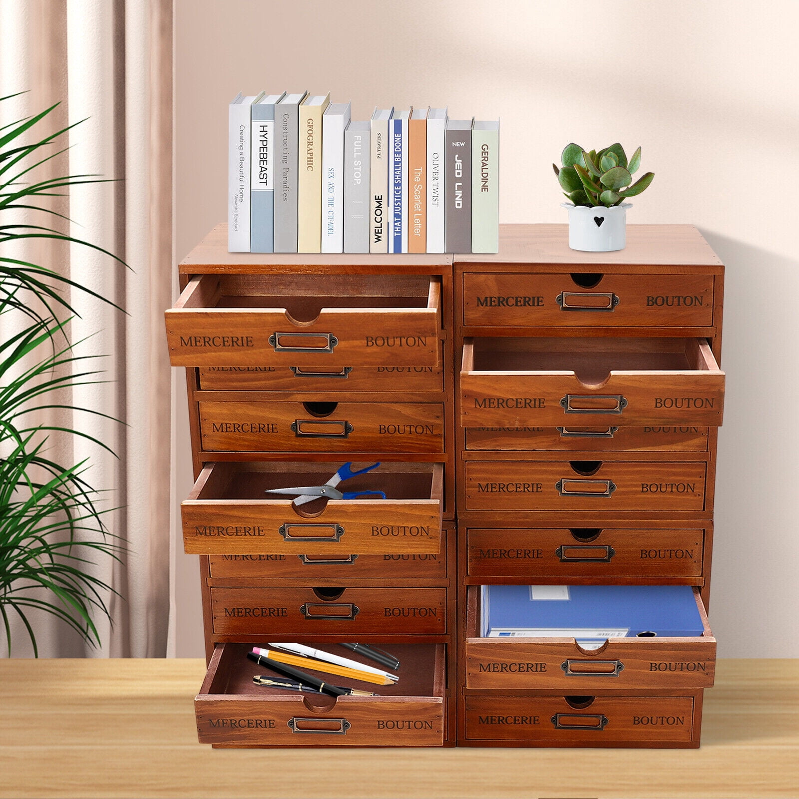 Brown Elegant Wooden File Cabinet with 16 Compartments 4-Slot Large Storage Box Cabinet for restaurants, classrooms