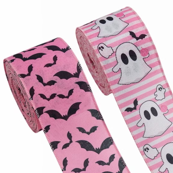 Kdkad 180In Halloween Ribbon, Pinky Ghost Bats Ribbon for Gift Wrapping, Party DIY Crafts Floral Home Halloween Bow Decoration