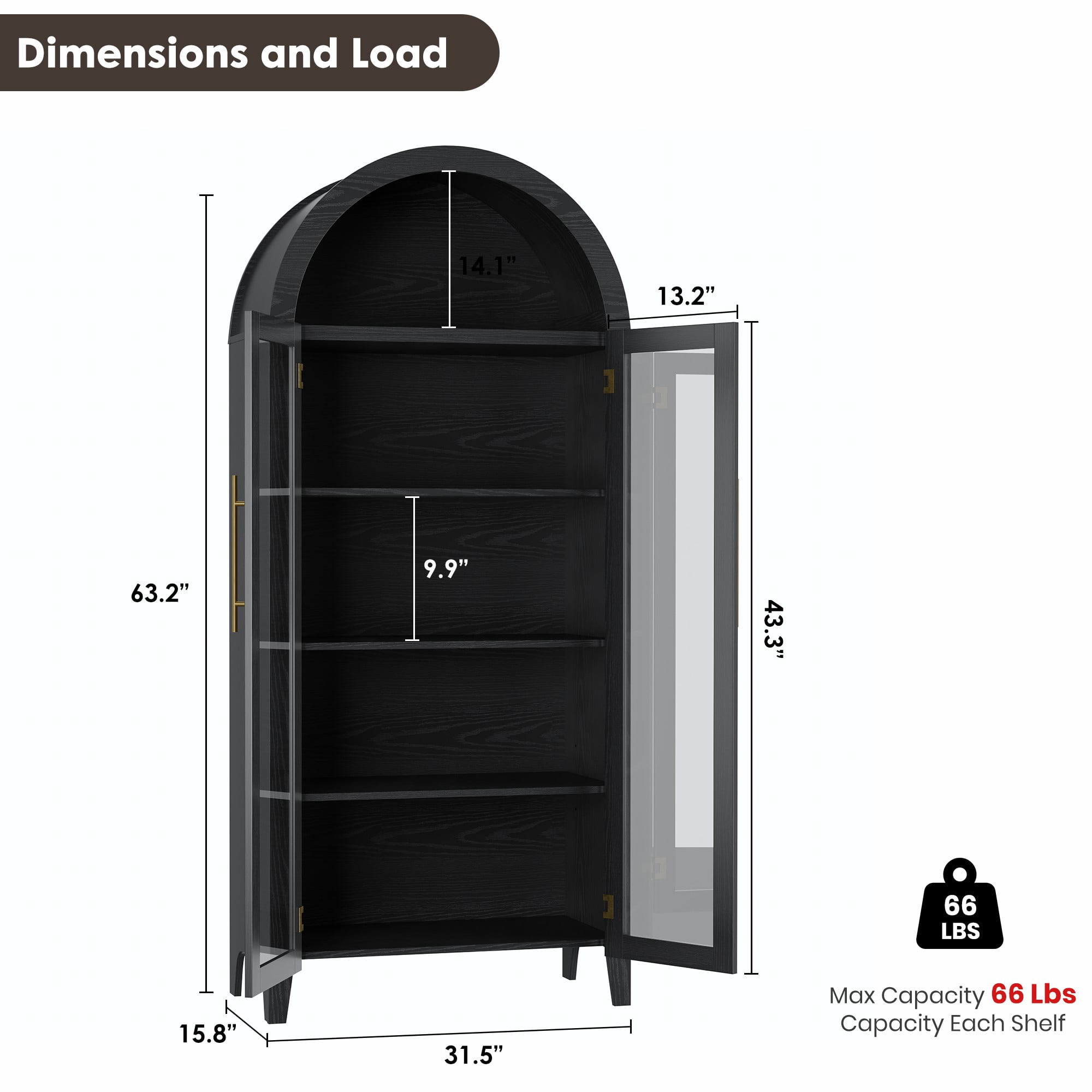5-Tier Arched Bookcase, Bookshelf with Glass Door, Display Cabinet with Adjustable Shelves, Tall Storage Cabinet for Living Room, Modern Bookcase for Bedroom/Living Room/Home Office
