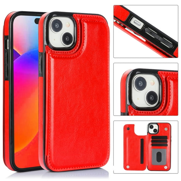 Allytech Slim Wallet Case for iPhone 15, Flip PU Leather Kickstand Card Slots Case, Double Magnetic Buttons Shockproof Full Body Protection Durable Case for Women Men - Red