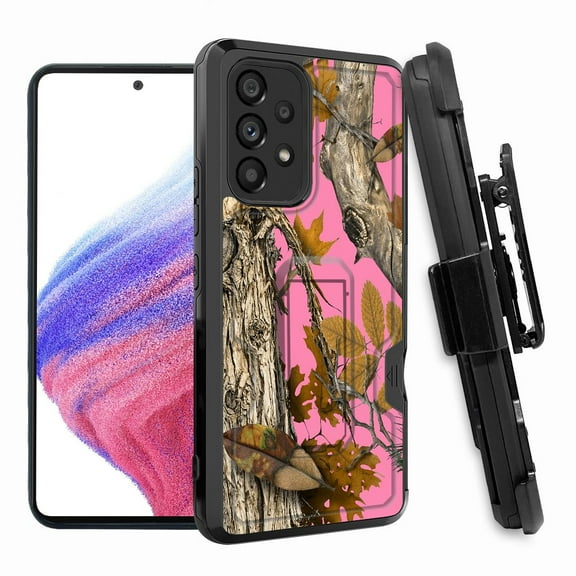 ANJ  Rugged Shockproof Hoster Case w/Card Slot, Kickstand   Tempered Glass Cover for Samsung Galaxy A33 5G - Pink Tree Camo