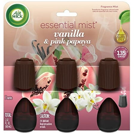 Air Wick Essential Mist Refill, 3 Ct, Vanilla and Pink Papaya, Essential Oils Diffuser, Air Freshener