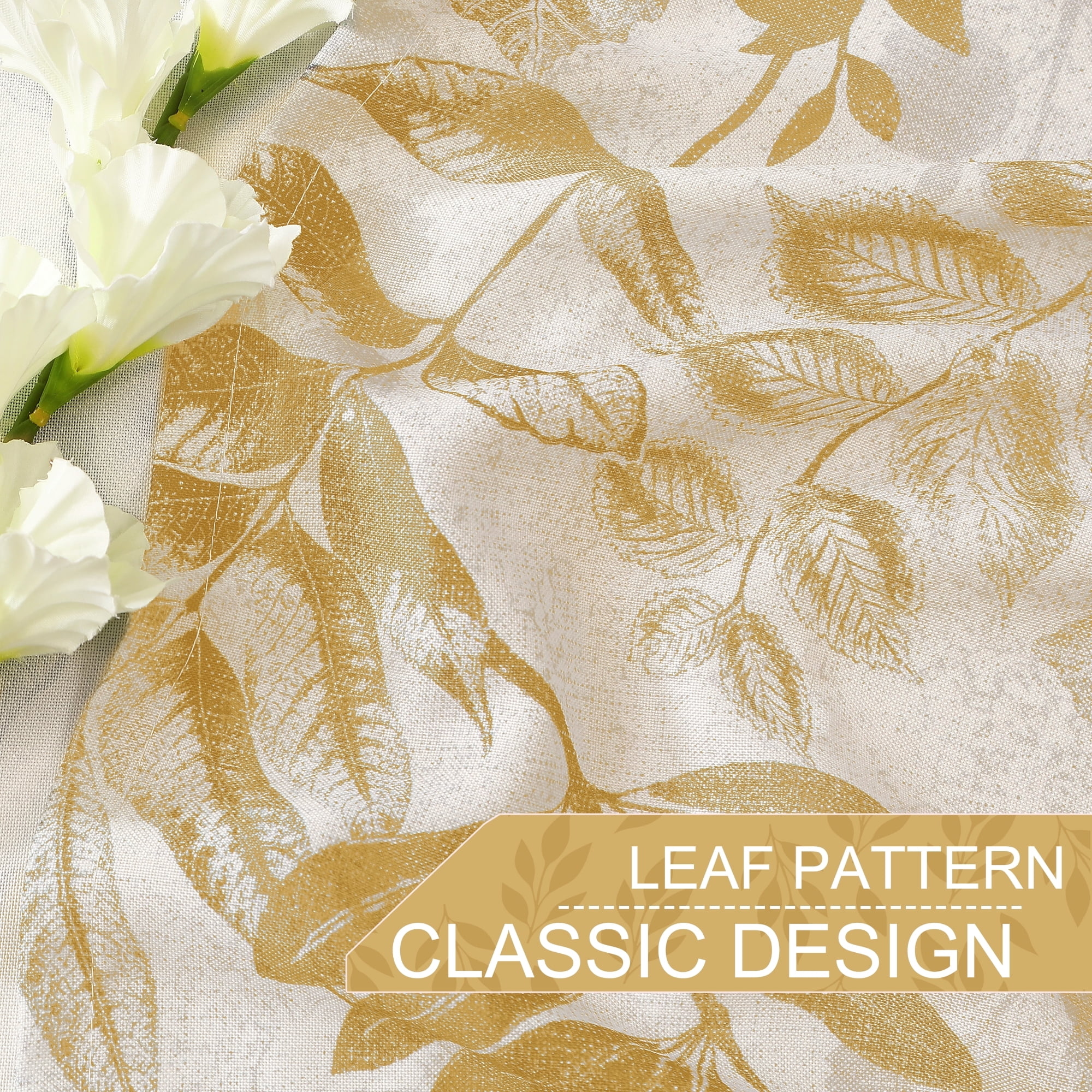 Bohogeo Linen Curtains for Living Room 84 inch Length Leaf Print Botanical Sheer Curtains Natural Texture Soft Touch Light Filtering Privacy Protect Drapes, Gold, 55" Wide, Set of 2 Panel