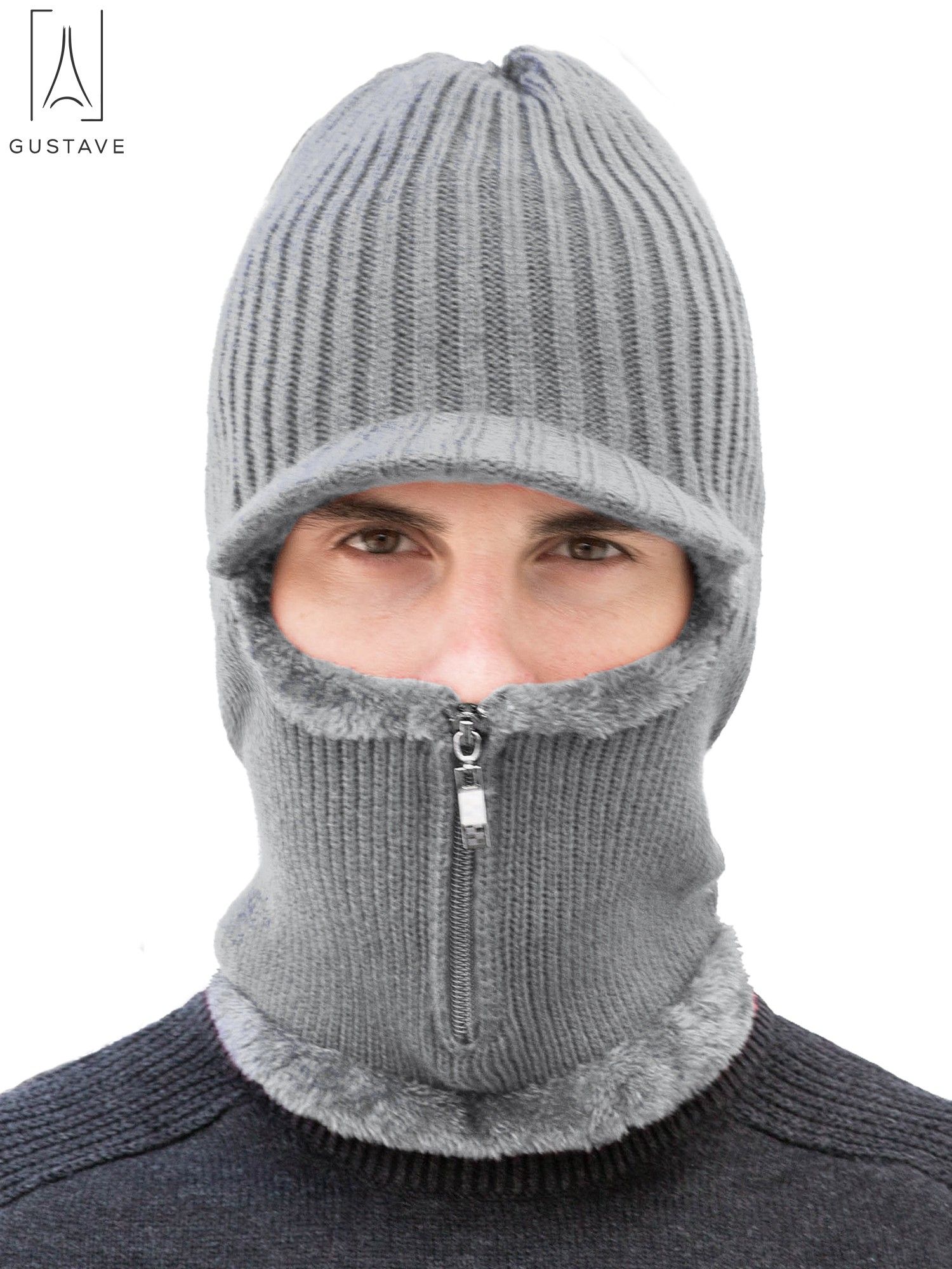 Gustave 2 In 1 Men Winter Warm Balaclava Beanie Hat with Fleece Lining Zipper Neck Scarf Warmer Ear Protector Knitting Stripes Hat and Scarf Conjoined Set "Gray" - image 3 of 9