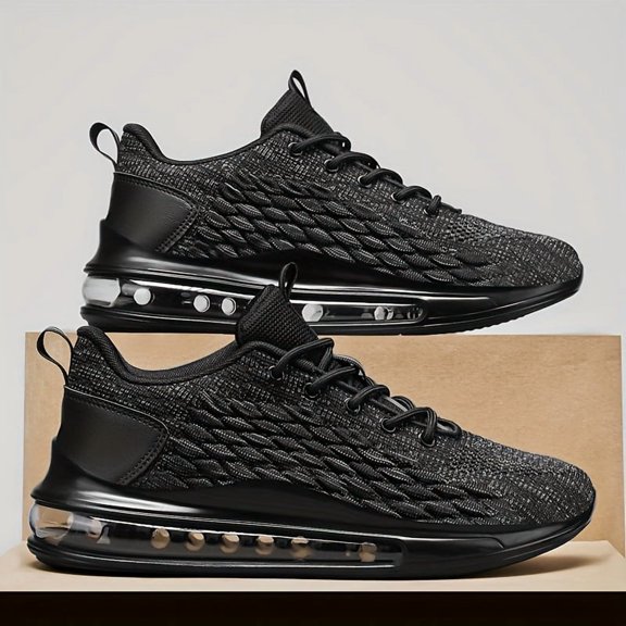 2026 New Men'S Breathable Knit Mesh Sneakers with Air Cushion - Lightweight Low-Top Design, Grey & Black, Lace-Up Casual Shoes Sleek Shoe Design, Fabric Upper for Running, Gym & Casual Attire, Gym Sh