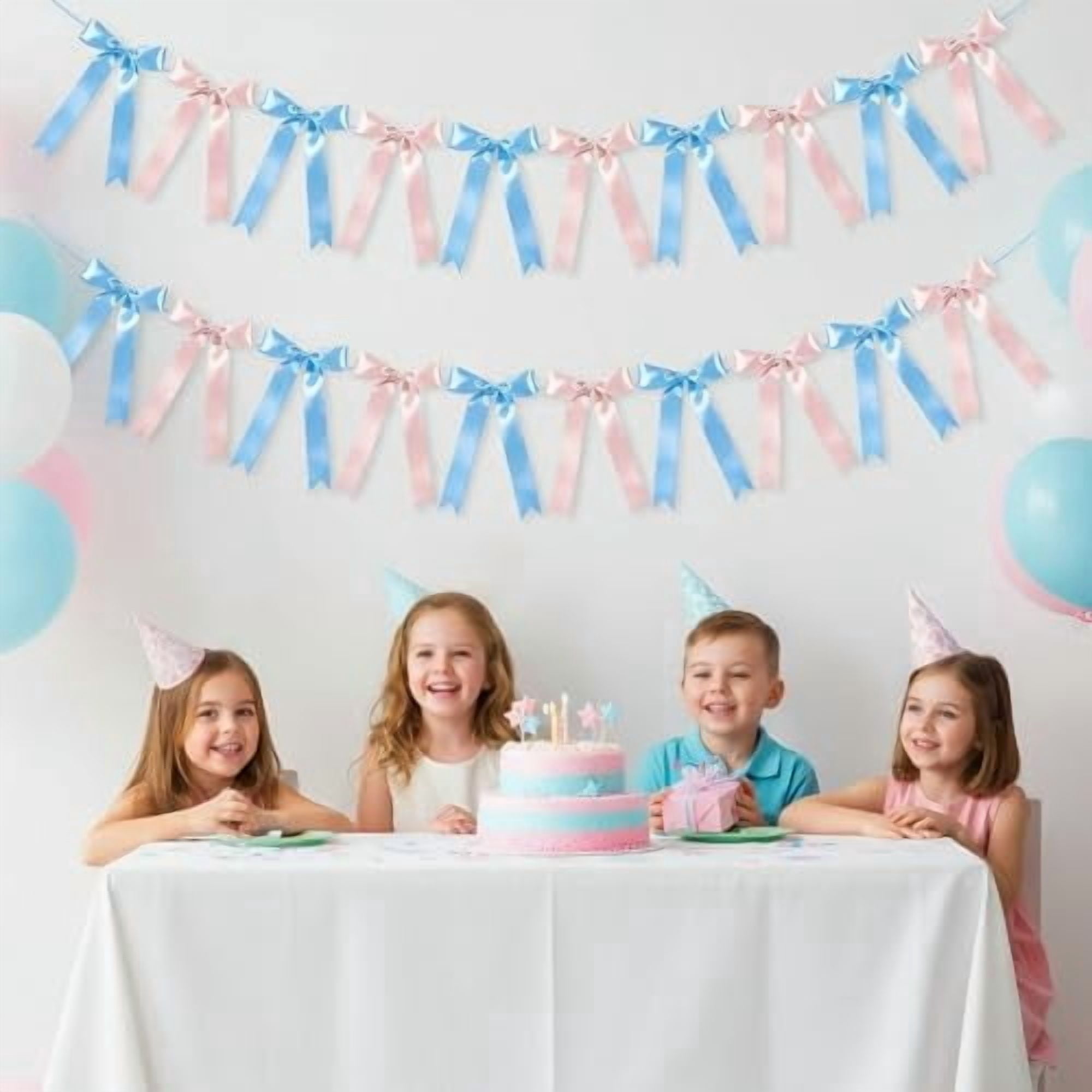 2 Pack Pink and Blue Satin Ribbon Garland Banner for Gender Reveal Parties, Baby Showers, Weddings and Birthday Celebrations with Pre-Strung Bows and Decorative Accents