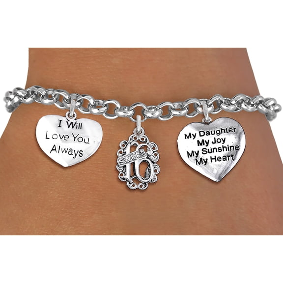 Sweet Sixteen Adjustable Bracelet, Will Fit Everyone. Nickel, Lead, And Cadmium Free. I Will Love You Always, Antique Sweet 16, My Daughter, My Joy, My Sunshine, My Heart Charms. ©2023