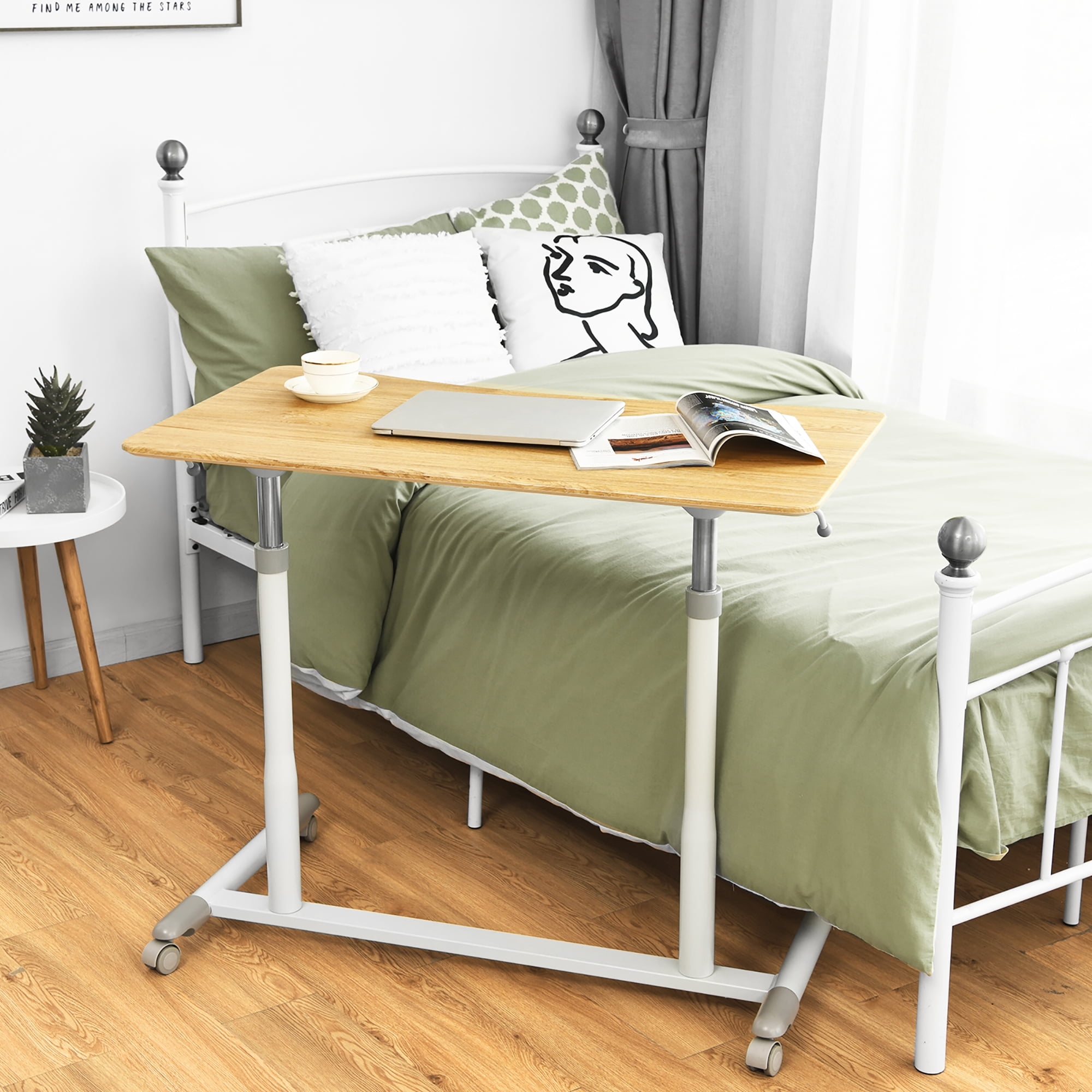 Goplus Height Adjustable Computer Desk Sit Stand Rolling Notebook Table Natural