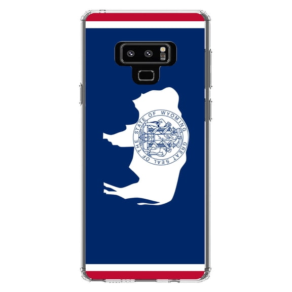 DistinctInk Clear Shockproof Hybrid Case for Samsung Galaxy Note 9 - TPU Bumper, Acrylic Back, Tempered Glass Screen Protector - Wyoming State Flag - US State Flag