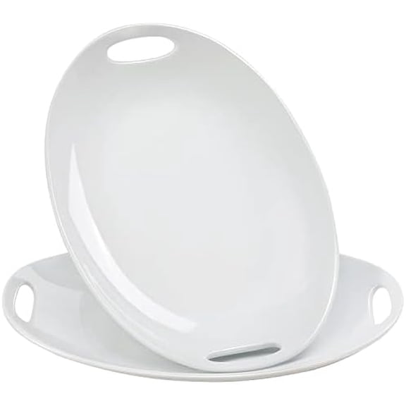 Porcelain Serving Platter with Handles, 14" serving dishes for entertaining, Oval Serving tray for Salad, Stew, Fruits and Pasta, Set of 2, White$$Home Decor, Kitchen, & Other