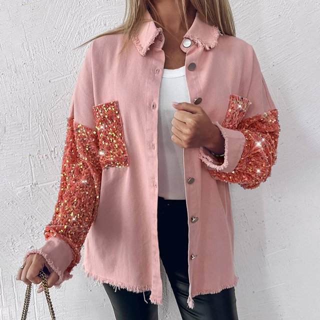 MPWEGNP Veste Femme Patchwork à Sequins Manches Longues Veste Boutonnée devant Surchemise en Denim Surdimensionnée Rose TTG