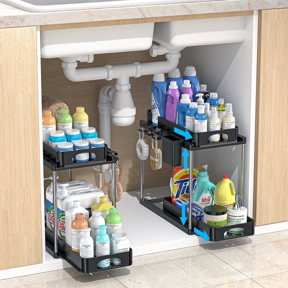 2 Pack Double Sliding Under Sink Organizer,GPED Adjustable Height Bath Under Cabinet Organizer and Storage, Multi-Purpose Cabinet Basket Storage Shelf for Kitchen Bathroom