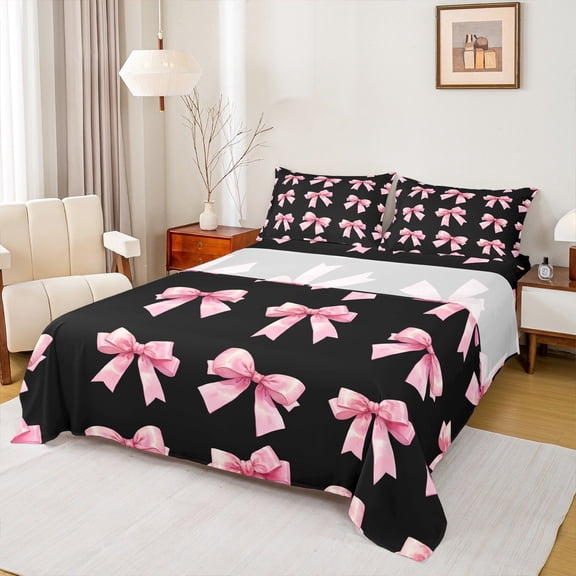 Feelyou Teens Cute Bow-tie Twin Sheet Sets, Butterfly Knot Princess Twin Fitted Sheet, Watercolor Bowknot Pink Flat Sheet, Ultra Soft Bedroom Decor, 3pcs