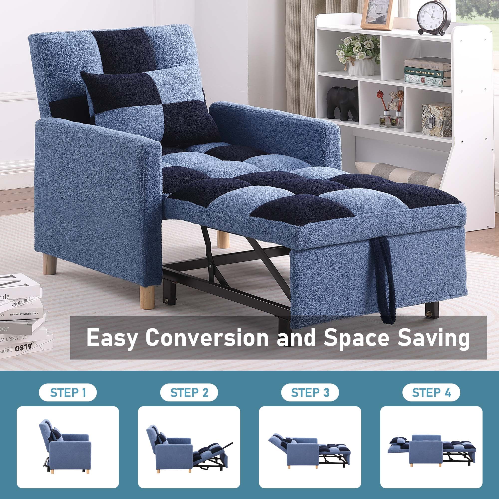 Aukfa Convertible Sleeper Chair Bed, Patchwork Pull Out Sofa Chair with Adjustable Backrest, Teddy  Blue/Navy  (图4)