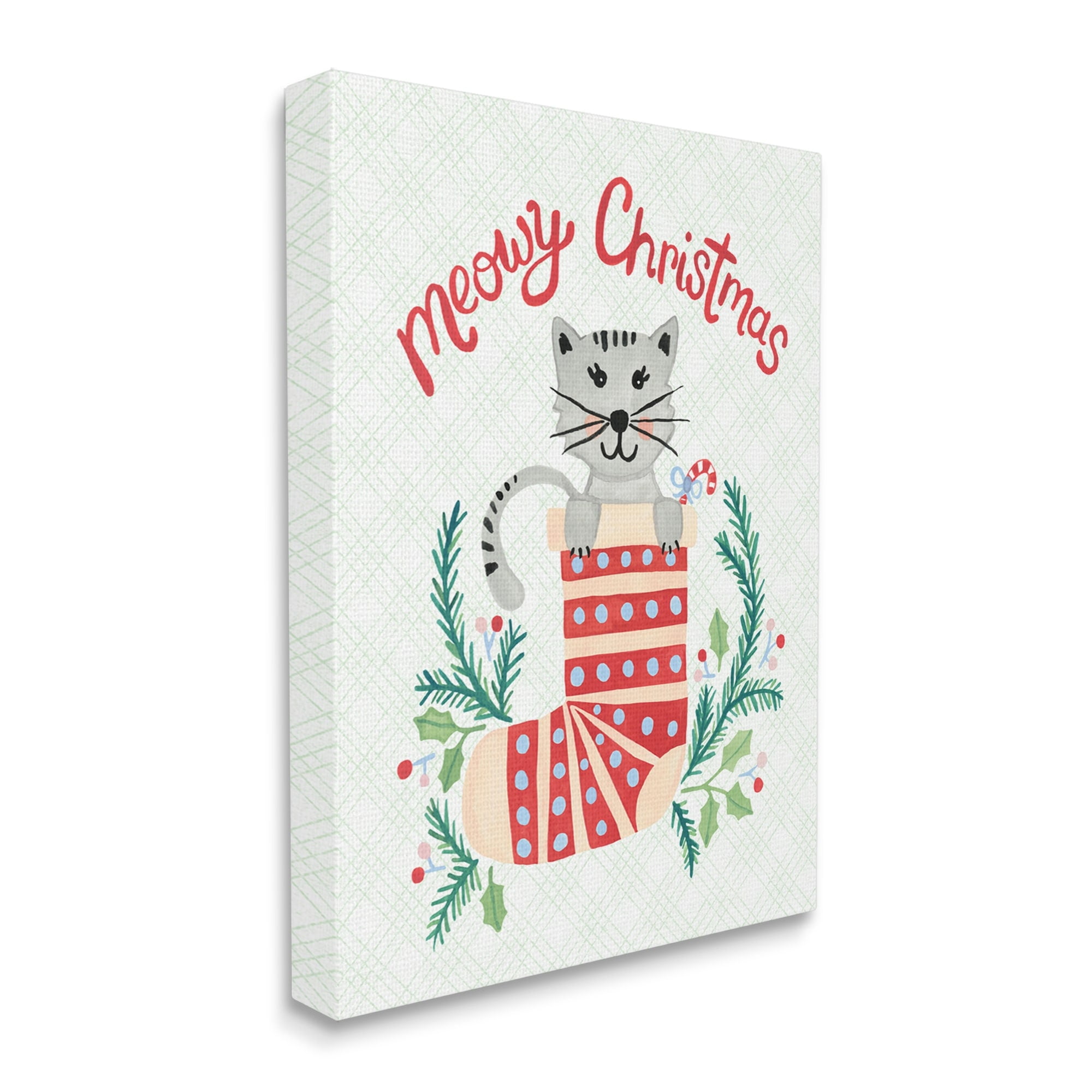 Meowy Christmas Clever Cat Nestled Patterned Stocking Animals & Insects Painting Gallery-Wrapped Canvas Print Wall Art