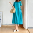 thumbnail image 2 of Fsqjgq Summer Dresses 2024 Cotton Linen Dresses Women Casual Loose Short Sleeve Crewneck Solid Midi Dress Daily Pockets Dress Oversize Dark Blue M, 2 of 5