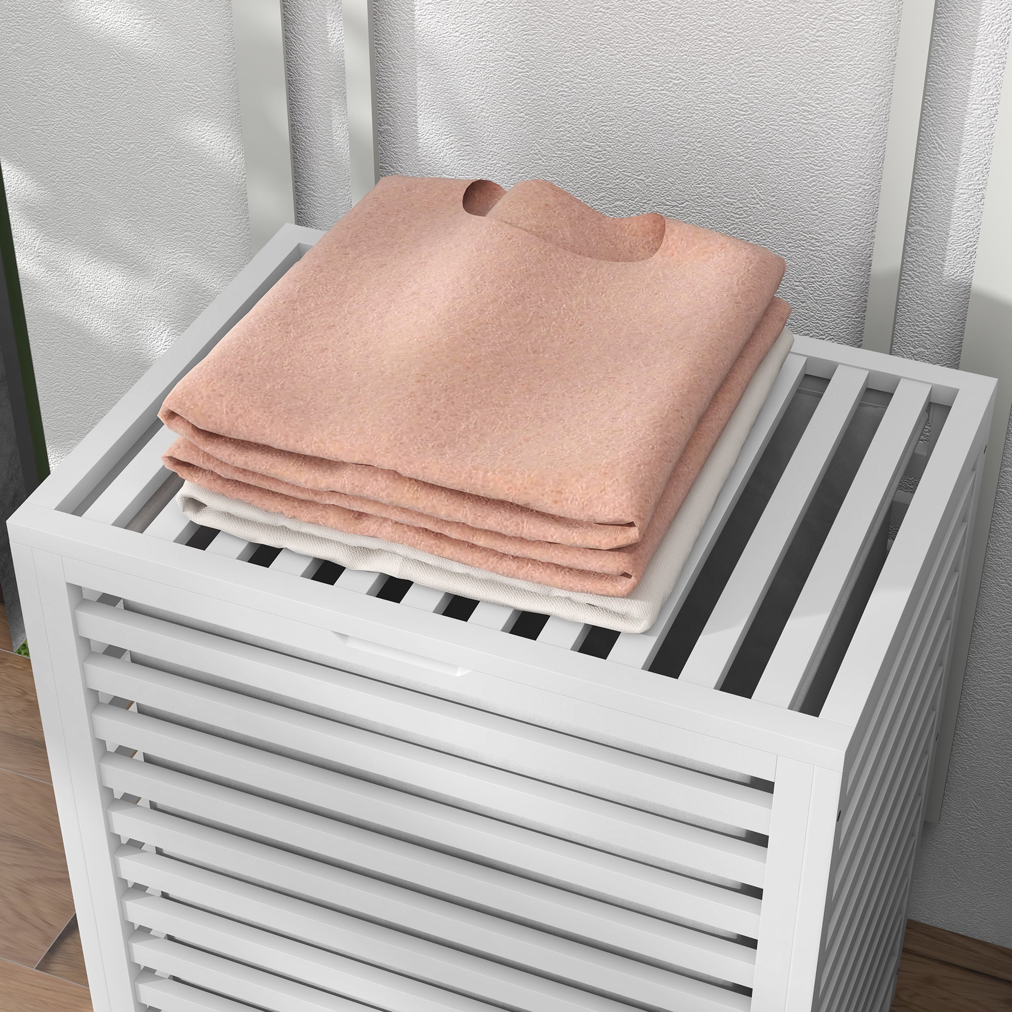 HOMCOM Bamboo Hamper Laundry Basket with Lid & Portable Removable Bag, Dirty Clothes Hamper Laundry Storage, White