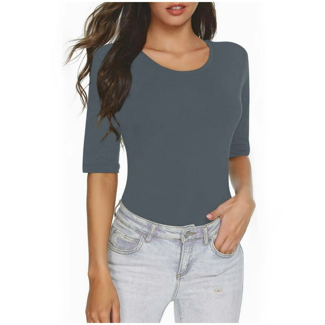 AherBiu T-Shirts pour Femmes Couleur Unie Manches 1/2 Col Rond Été Ajusté Extensible Confortable Basique