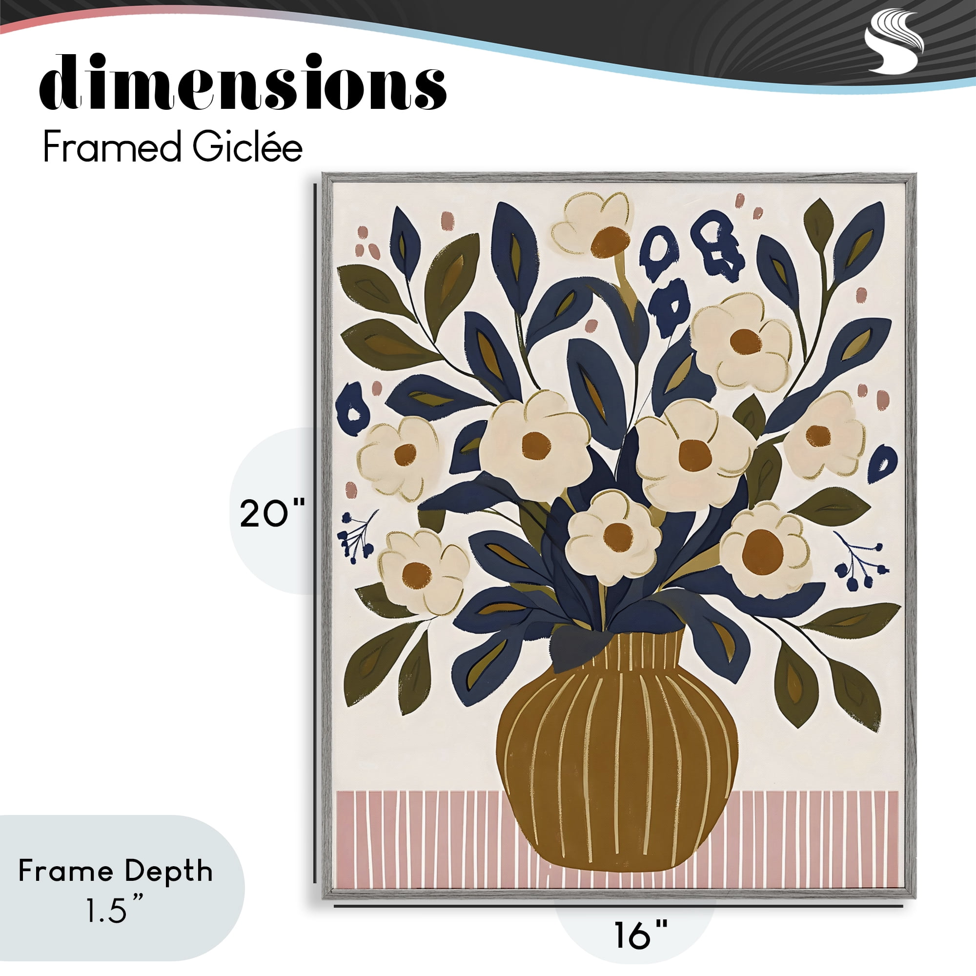 Stupell Industries Boho Floral Vase with Stripes Gray Framed Giclee Art, design by Creative Studio