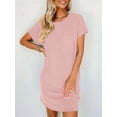 thumbnail image 3 of Womens Casual Summer Crewneck Short Sleeve Ribbed Mini Tshirt Dress Pink M, 3 of 5