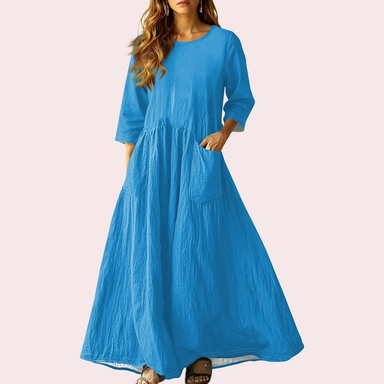 Women Solid Color Dresses 2025 Summer Autumn Casual 3/4 Sleeve Linen Round  Neck Maxi Loose Fit Temperament Long Dress With Pockets