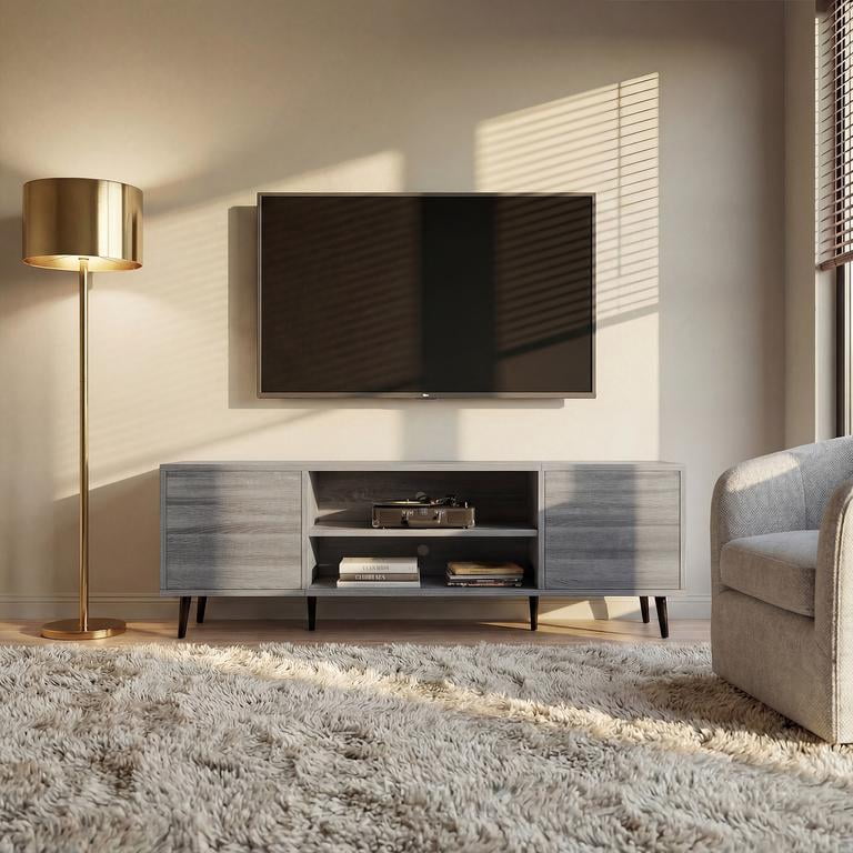 Vineego TV Stand for 65 Inch TV with 2 Push-to-Open Doors, Mid-Century Modern Media Console with Open Shelves, Entertainment Center for Living Room Bedroom, Gray