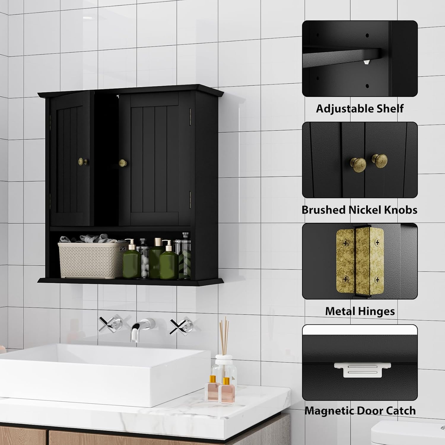 Semiocthome Bathroom Medicine Cabinet Wood 2 Doors Wall Cabinet over the Toilet Storage in Black