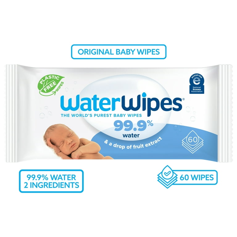 WaterWipes Plastic-Free Original 99.9% Water Based Baby Wipes, Unscented,  60 Count (1 Pack)