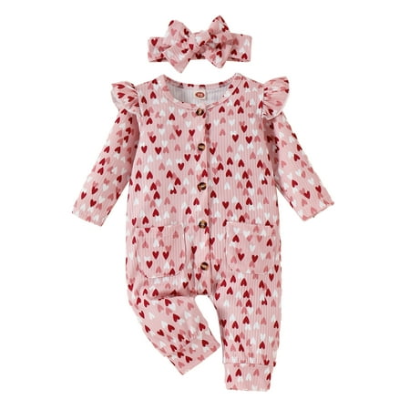 

Frobukio Toddler Baby Girls Valentine s Day Jumpsuit Set Heart Print Flying Sleeves Button Closure Romper Bow Headband Pink 0-3 Months