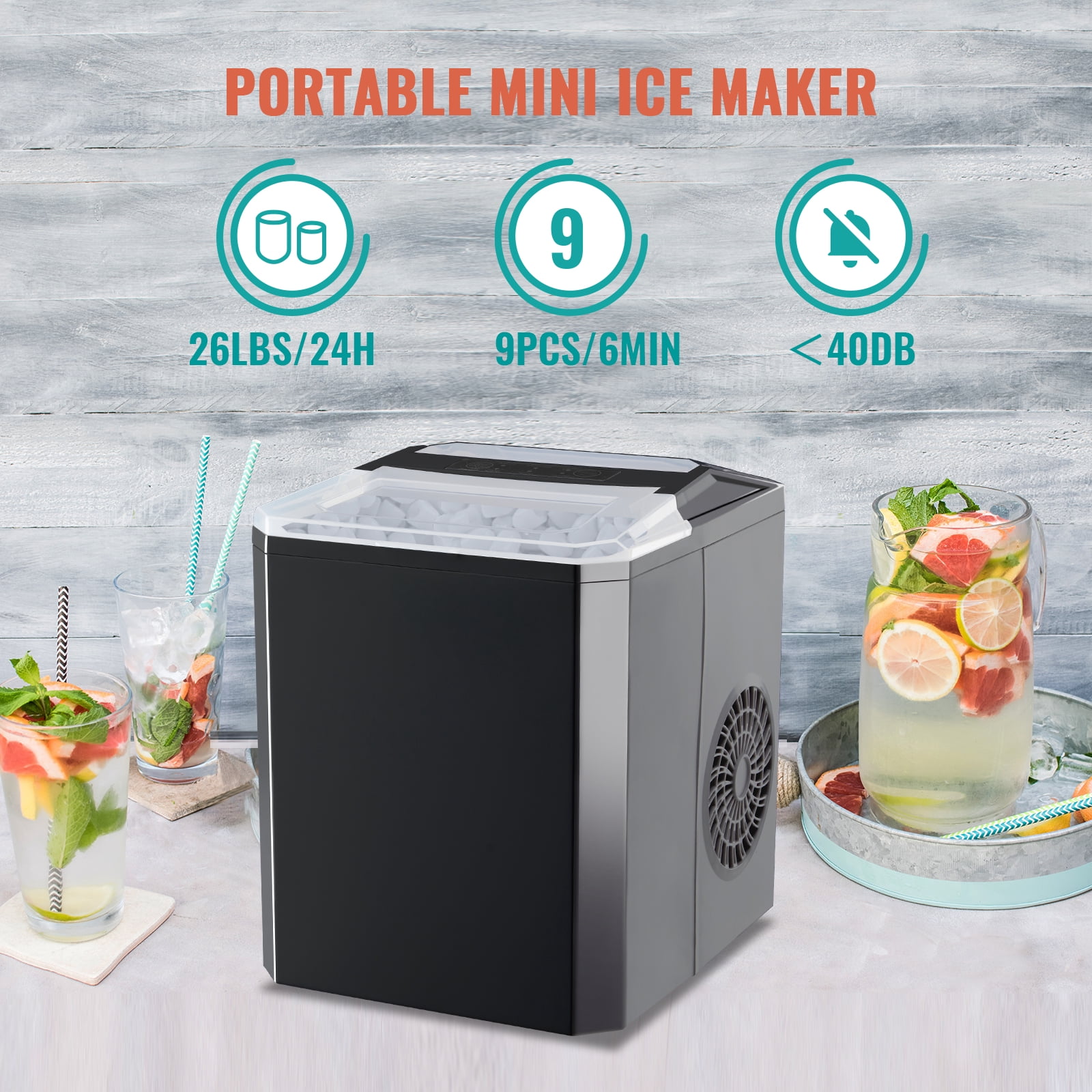 Ice Maker Machine Countertop WANAI 26 lbs/24H 9 Bullet Ice Type Cubes Ready in 6-8 Minutes, Ice Scoop & Basket for Home Party Office Bar RV