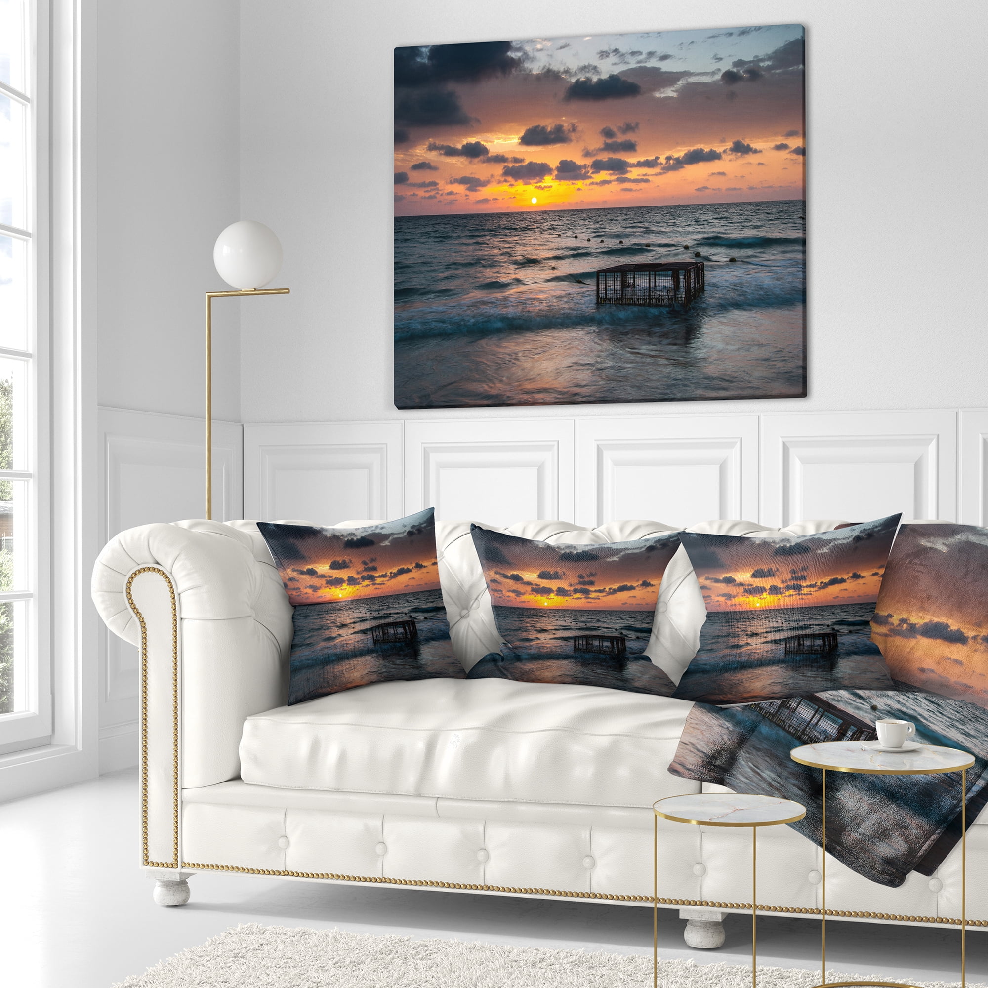 Designart Tropical Beach with Empty Cage - Seashore Throw Pillow - 16x16