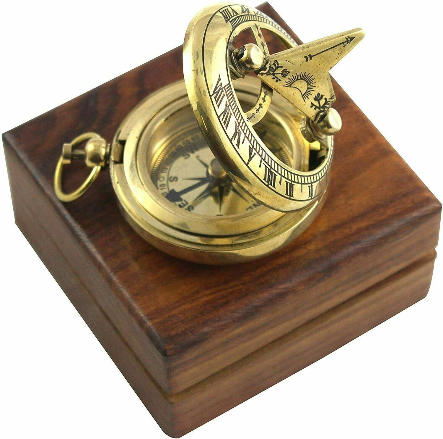 Antique Brass Compass With Wooden Box Navigation Sundial Compass For Gift Item