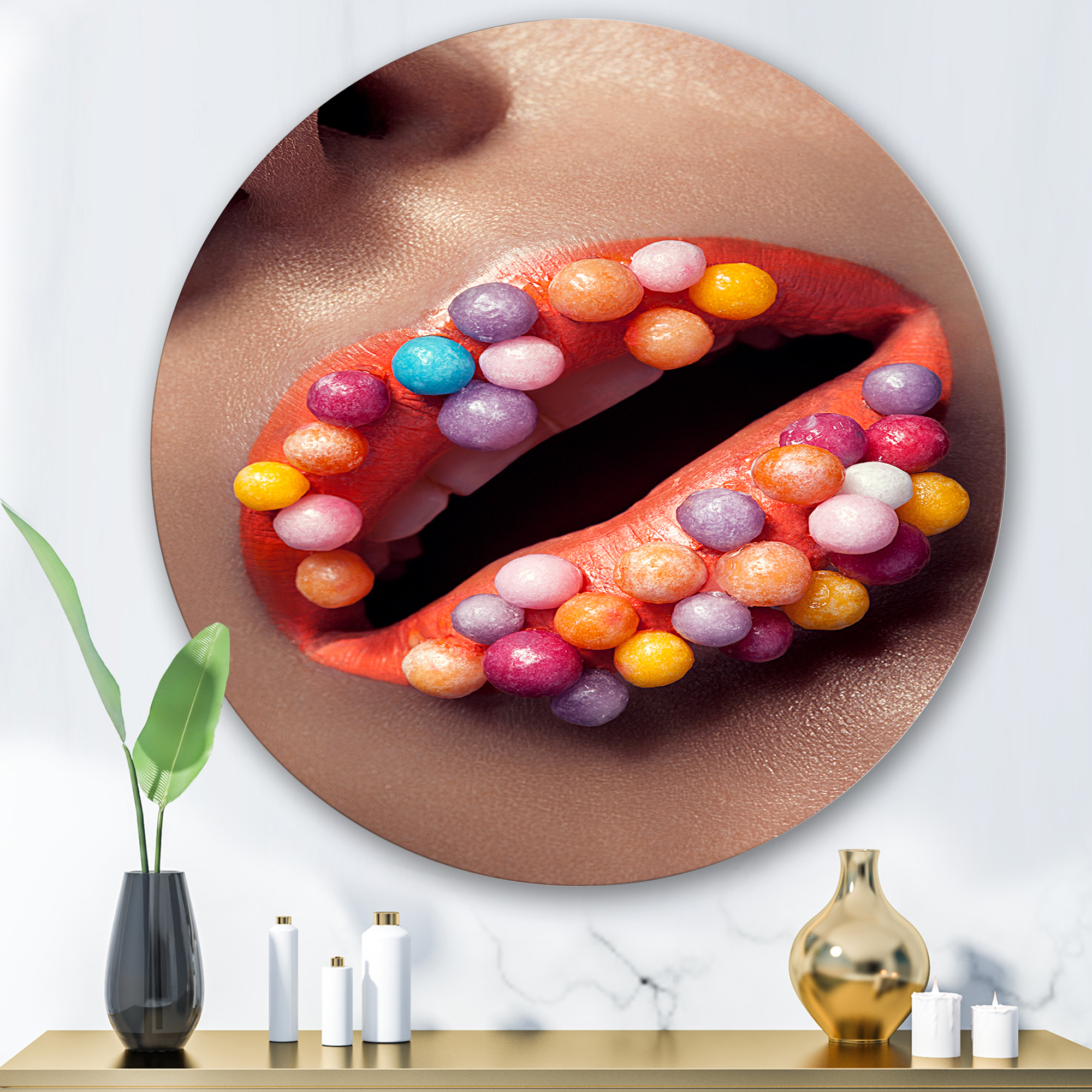 Designart 'Close Up of Creative Make Up On Woman Lips With Lolipops' Modern Circle Metal Wall Art 29x29 - Disc of 29