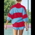 thumbnail image 7 of Women's Striped Two Piece Set Workout Lounge Shorts Outfit Oversized Comfy with Pockets Red & Blue M, 7 of 7