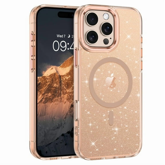 VENINGO Magnetic for iPhone 16 Pro Case Clear Glitter, Compatible with Mag-safe, TPU Transparent Shockproof Slim Bling Sparkly Bumper Cover Phone Case for Women Girls, Desert Titanium