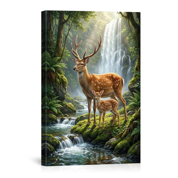 Mystical Forest Deer Waterfall Fawn Woodland Nature Aesthetic Peaceful Wildlife Canvas