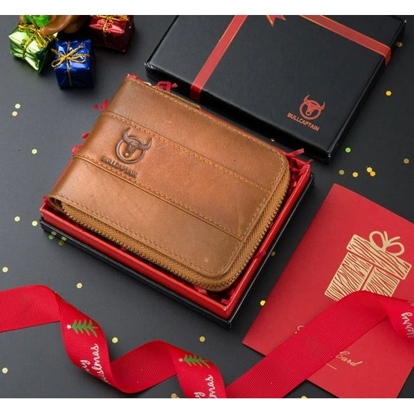 Men's Wallet Short Cowhide Zipper Multi-function card slot Wallet *1 Gift box *1 Card *1 Gift Brown