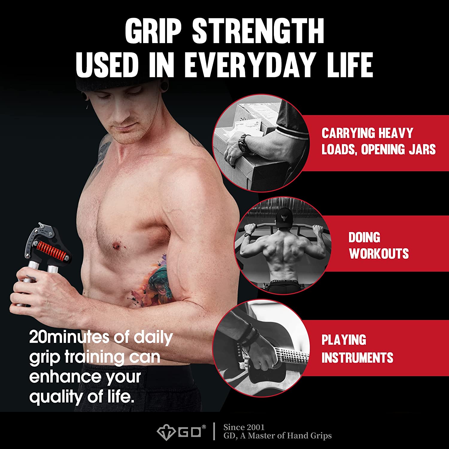 GD Iron Grip Hand Grip Strengthener Bundle (Adjustable Hand Grips for Strength Training) Wrist & Forearm Strength Trainer w/ Motofit Gloves, Gray