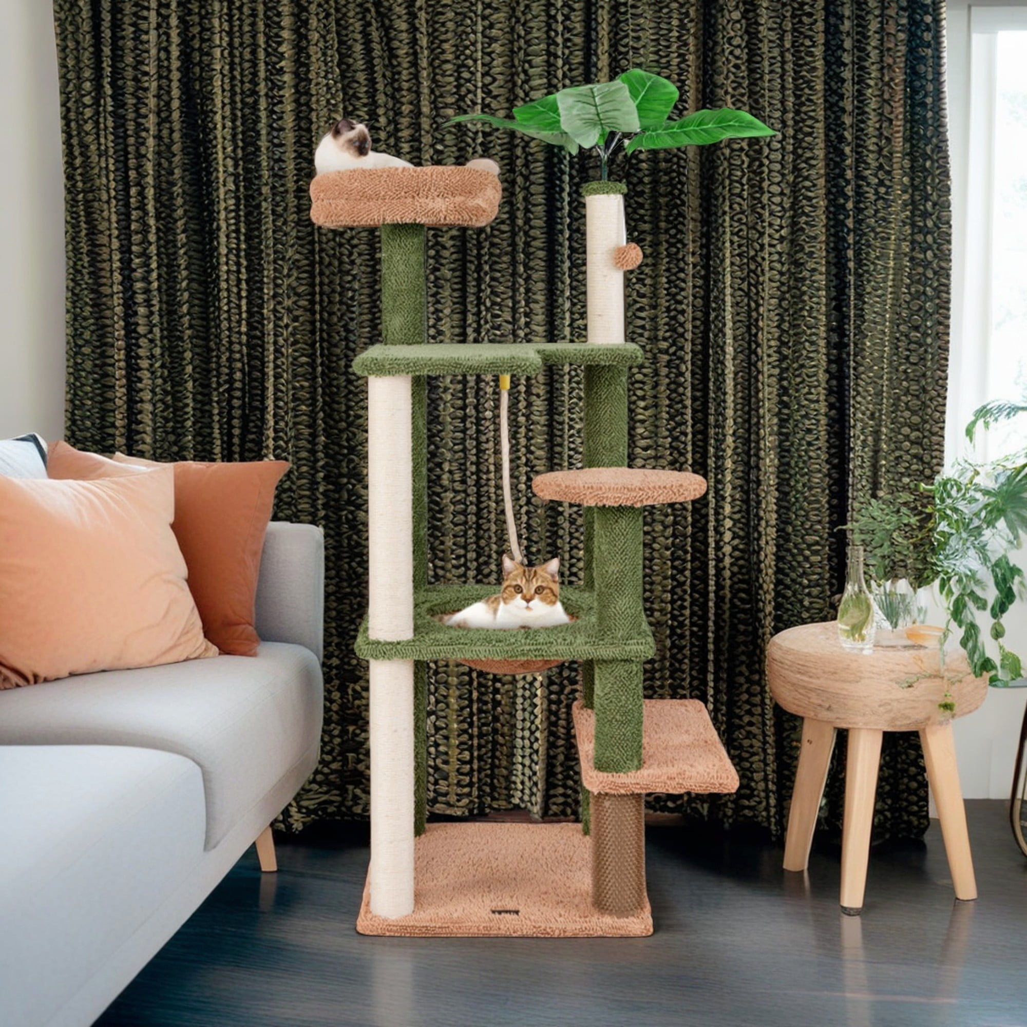 resenkos 60" Cactus Cat Tree Tower for Indoor Cats, Multi-Level Cat Condo, Cat Tree House with Sisal Scratching Posts, Hammock and Perch, Green