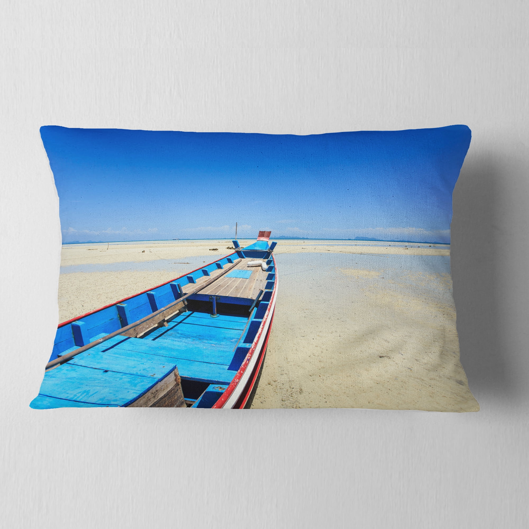 Designart Long Tail Boat Stand at the Beach - Seashore Throw Pillow - 12x20