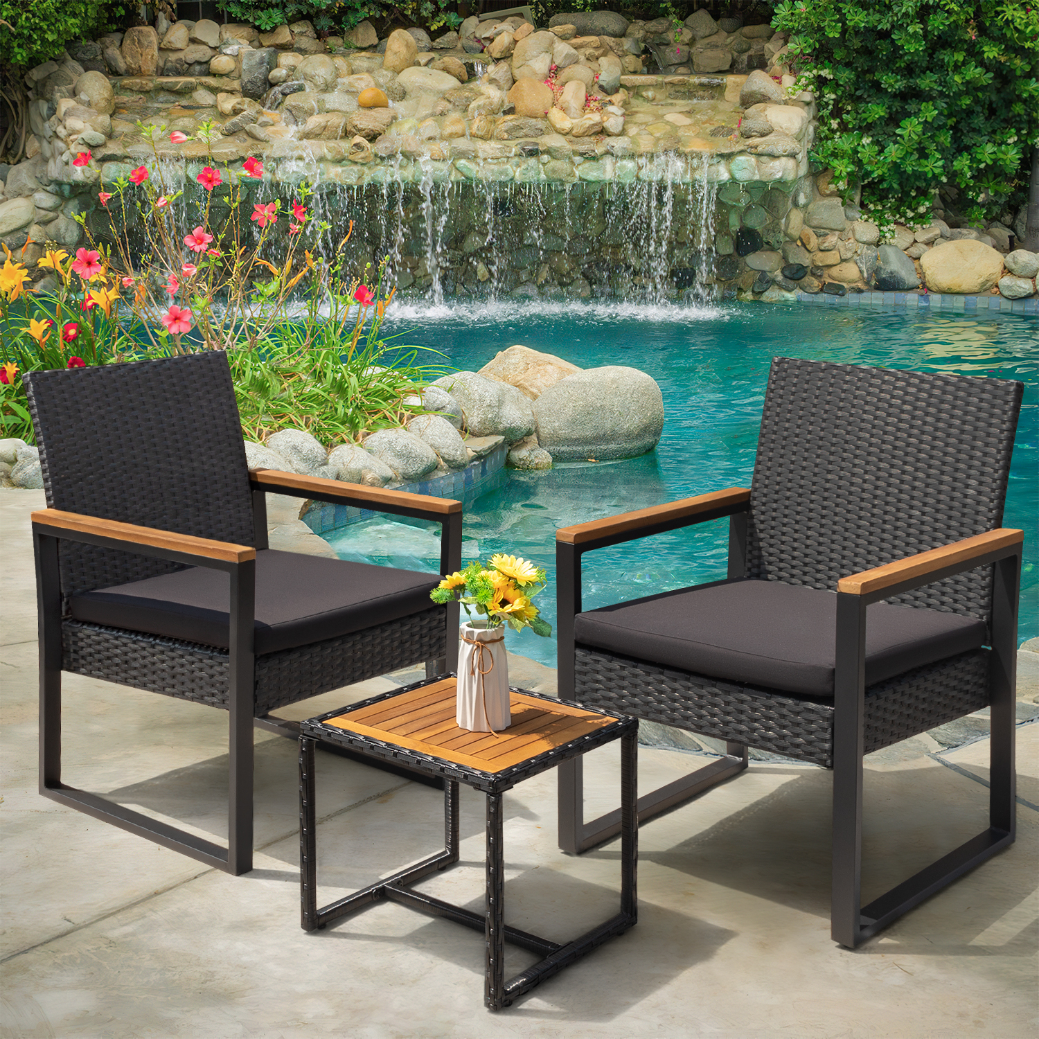 Devoko 3 Pieces Patio Conversation Set Outdoor Rattan Chair Set of 2 with Wood Coffee Table, Black - image 3 of 7