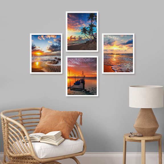 PixonSign Framed Wall Art Vibrant Sunset Tropical Ocean Beach Horizons Prints, Set of 4 Sea Landscape Wall Decors, Nature Wall Décor, Adhesive Canvas Poster, Modern Home Artwork - 8"x10" White