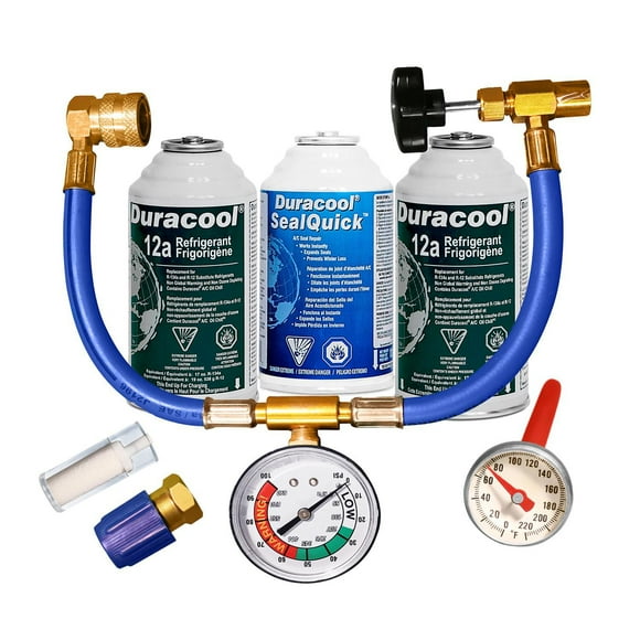 Kit Duracool® Deluxe Recharge et SealQuick pour les systèmes de climatisation mobiles R-134a plus grands. Contient 2 canettes de réfrigérant 12a, 1 canette SealQuick, un tuyau de charge 134 avec tarau